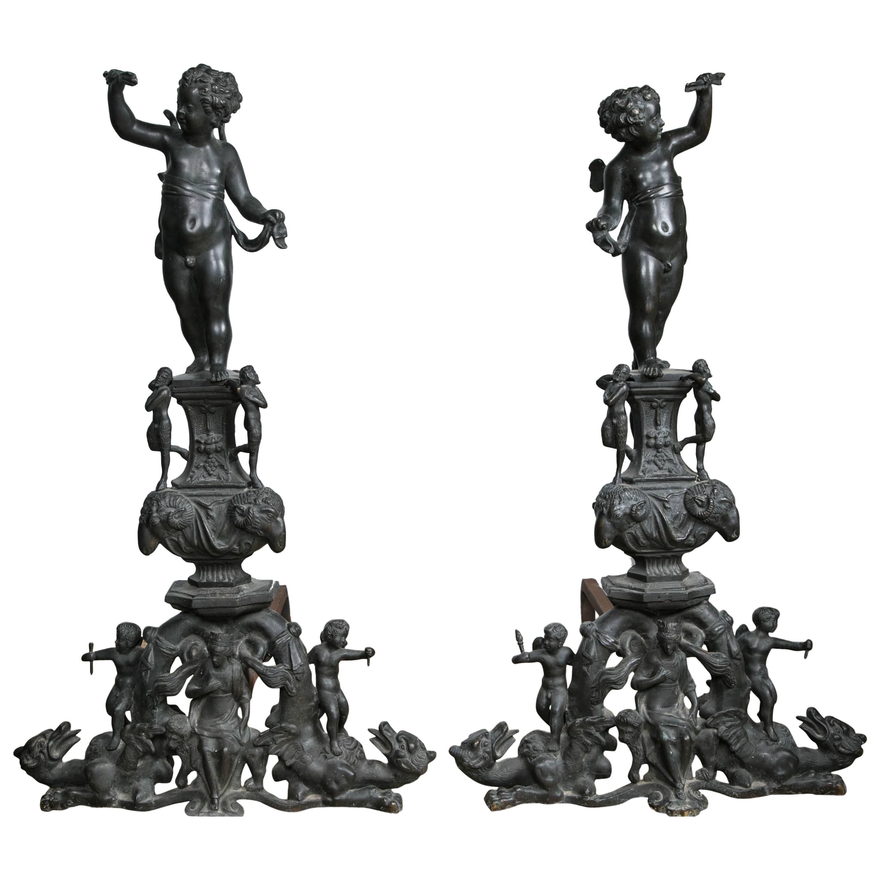 Pair of Patinated Bronze Renaissance Style Andirons For Sale