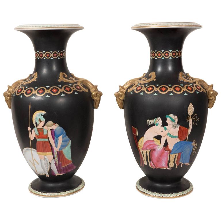 Pair Black Vases Neoclassical Figures For Sale at 1stdibs