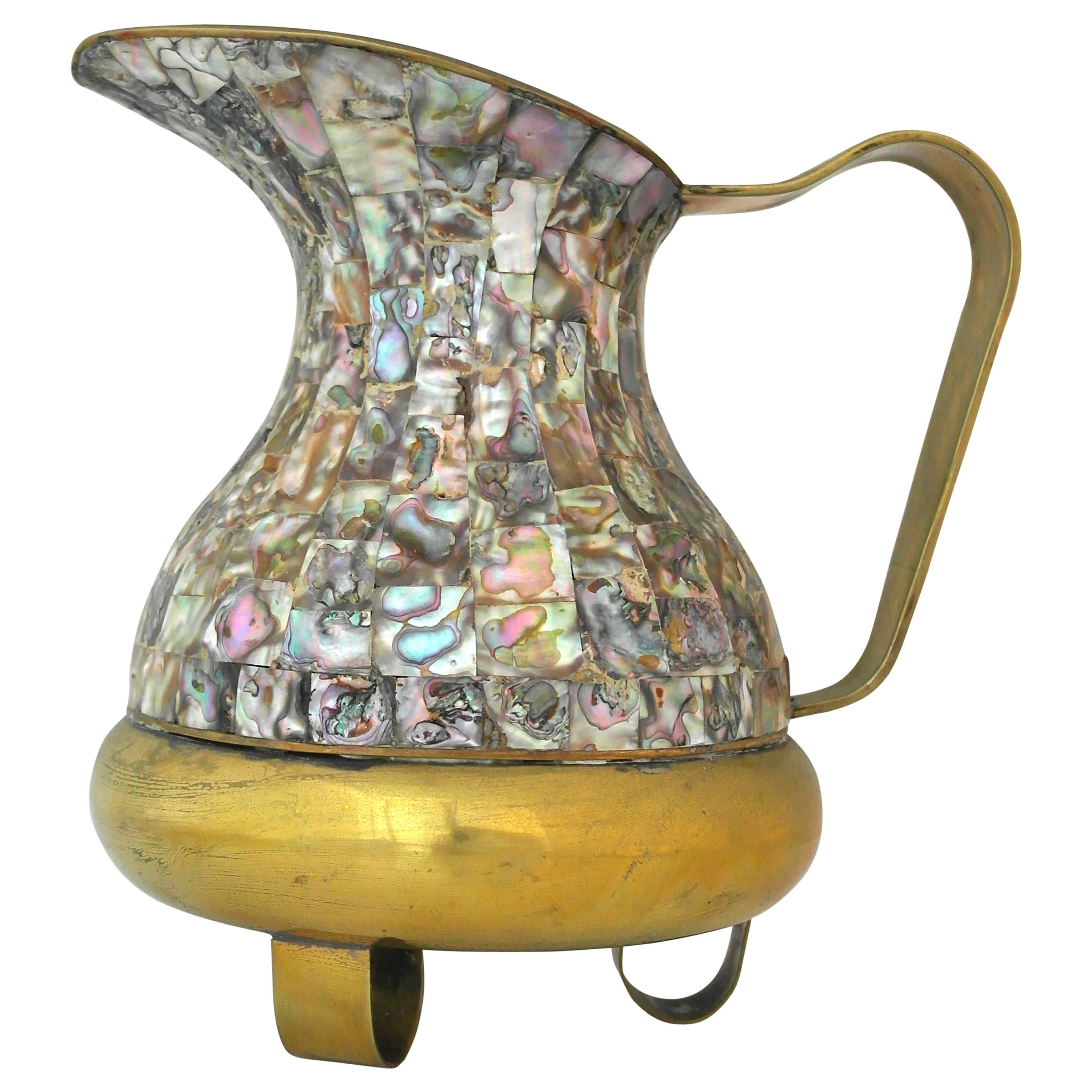 Mexican Brass and Abalone Inlay Pitcher Circa 1950 For Sale