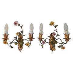 19th Century Italian Tole and Porcelain Roses Polychrome Sconces