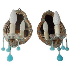 Aqua Blue Opaline Murano Drops and Beads Mirror Sconces