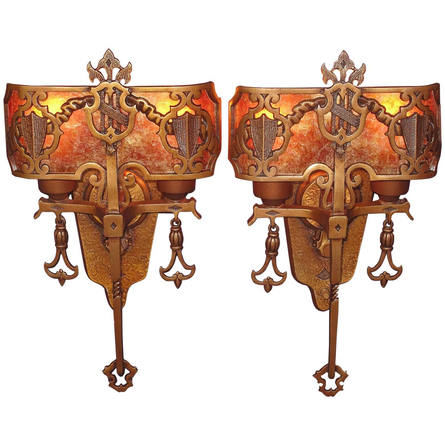 1920s Tudor Gothic Sconces with New Mica Shade ADA