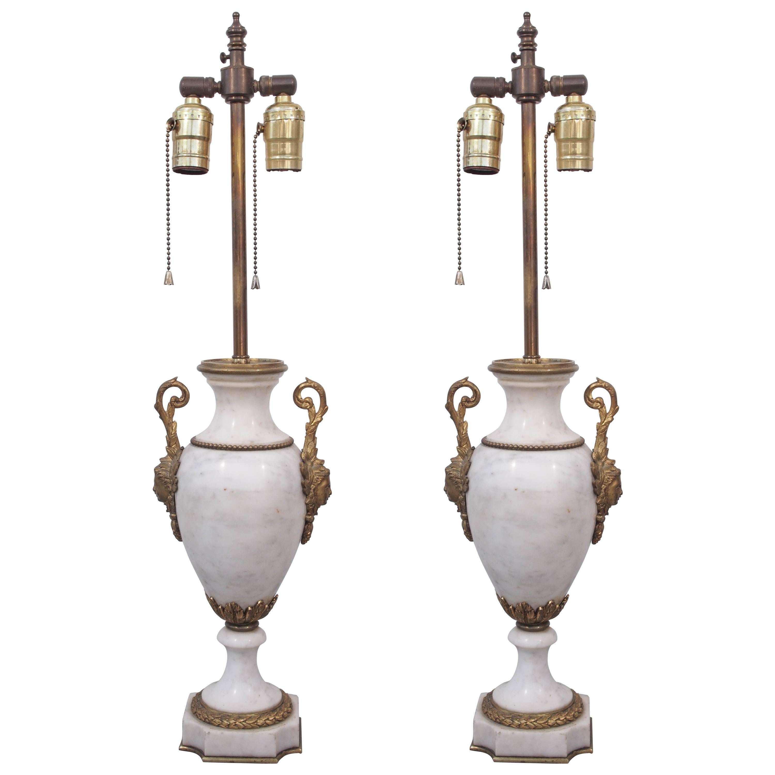 Pair of French Marble Gilt Mounted Garniture Now as Lamps  For Sale