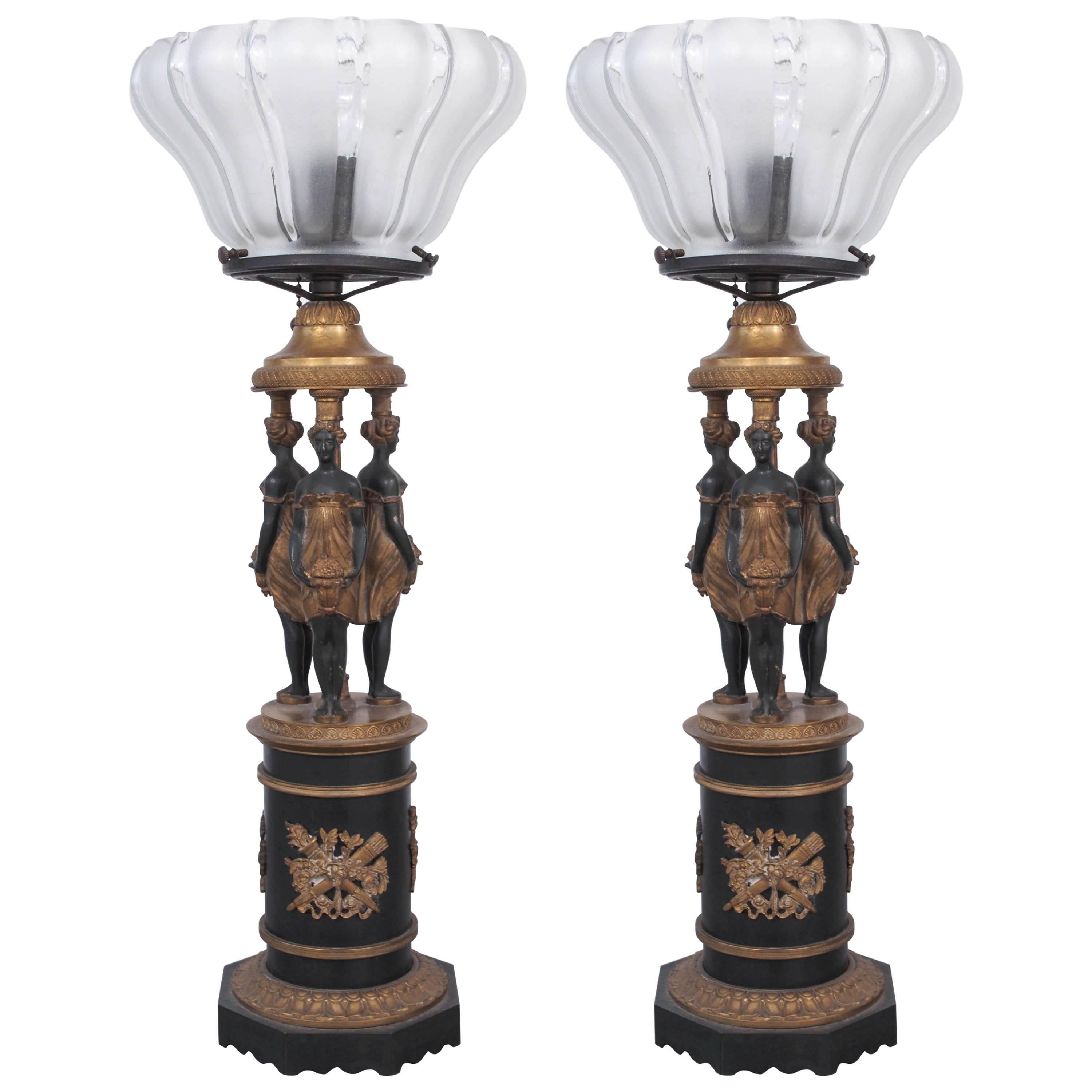 Pair of Gilt Bronze and Patinated Bronze Lamps with Three Graces For Sale