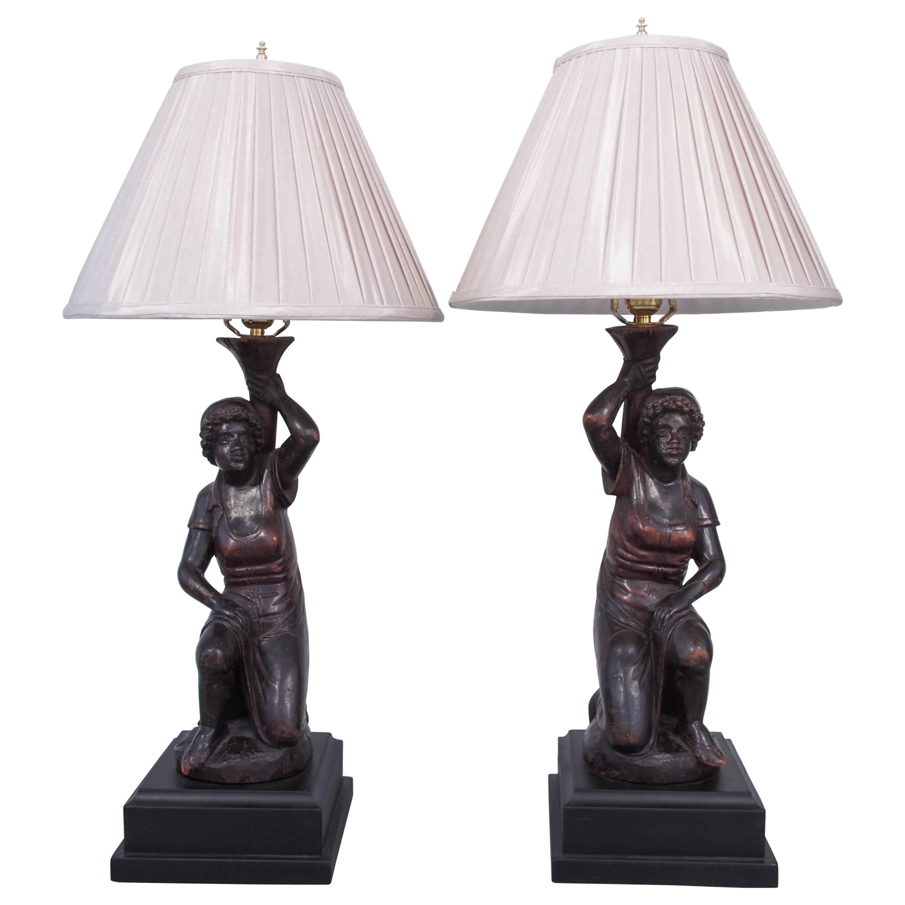 Pair of Italian Walnut Figural Candlesticks Now Wired as Lamps on Later Bases For Sale