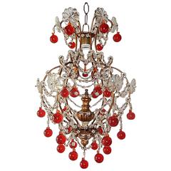 French Red Murano Balls and Giltwood Chandelier