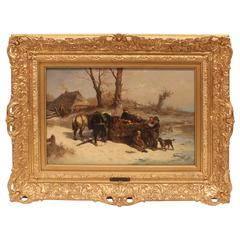 Antique "Preparing the Sledge" Oil Painting by Eduard Hildebrandt