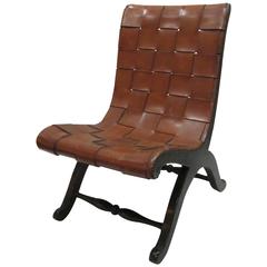 Valenti Brown Webbed Leather Side Chair, Italy, 1940s