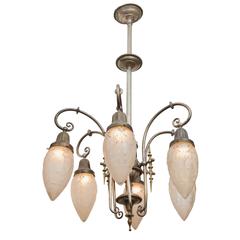 Late Victorian Silvered 6 Arm Chandelier Chandelier W/ Torpedo Shades