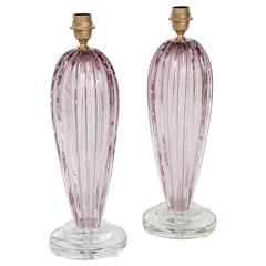 Vintage A Pair of Lavendar Murano Glass Lamps