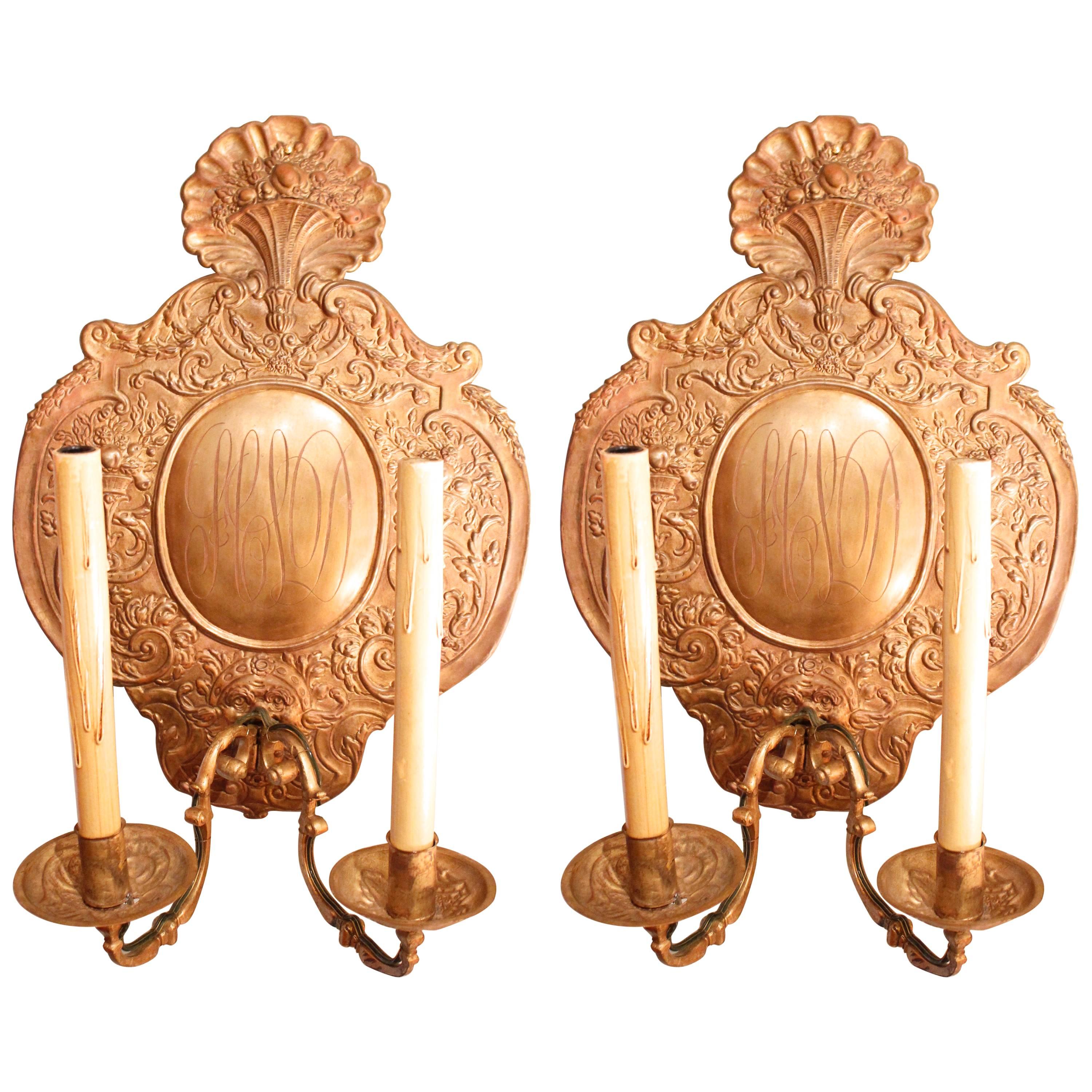 Pair of Dutch Brass Repoussé Wired Two-Light Sconces For Sale
