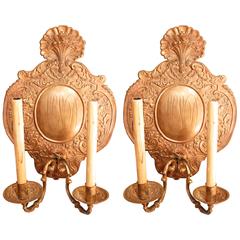 Antique Pair of Dutch Brass Repoussé Wired Two-Light Sconces