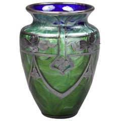 Antique Loetz Glass Vase with Sterling Silver Overlay, circa 1900