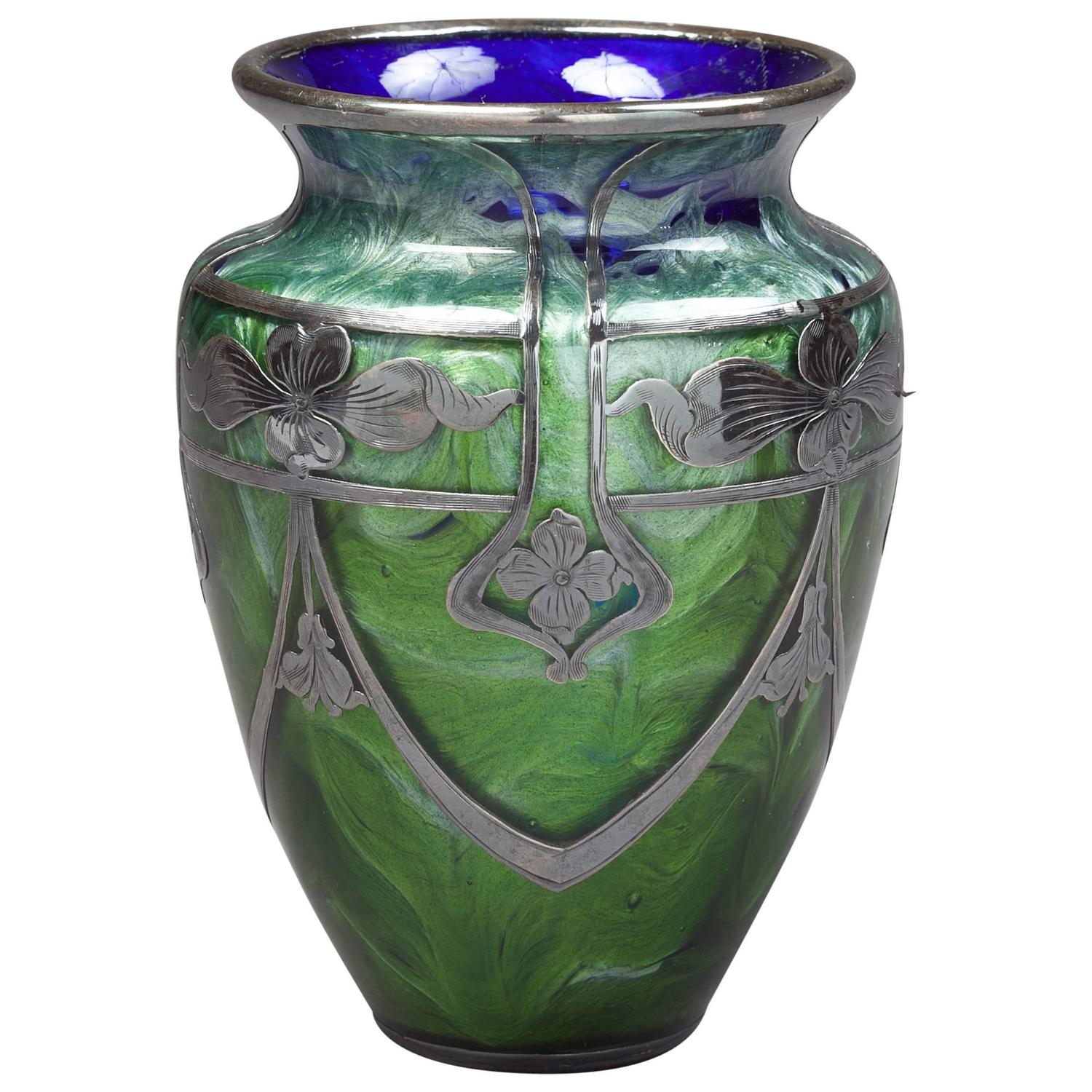 Loetz Glass Vase with Sterling Silver Overlay, circa 1900 For Sale at