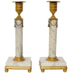 Pair of Gustavian Gilt Bronze and White Marble Candlesticks, Late 18th Century
