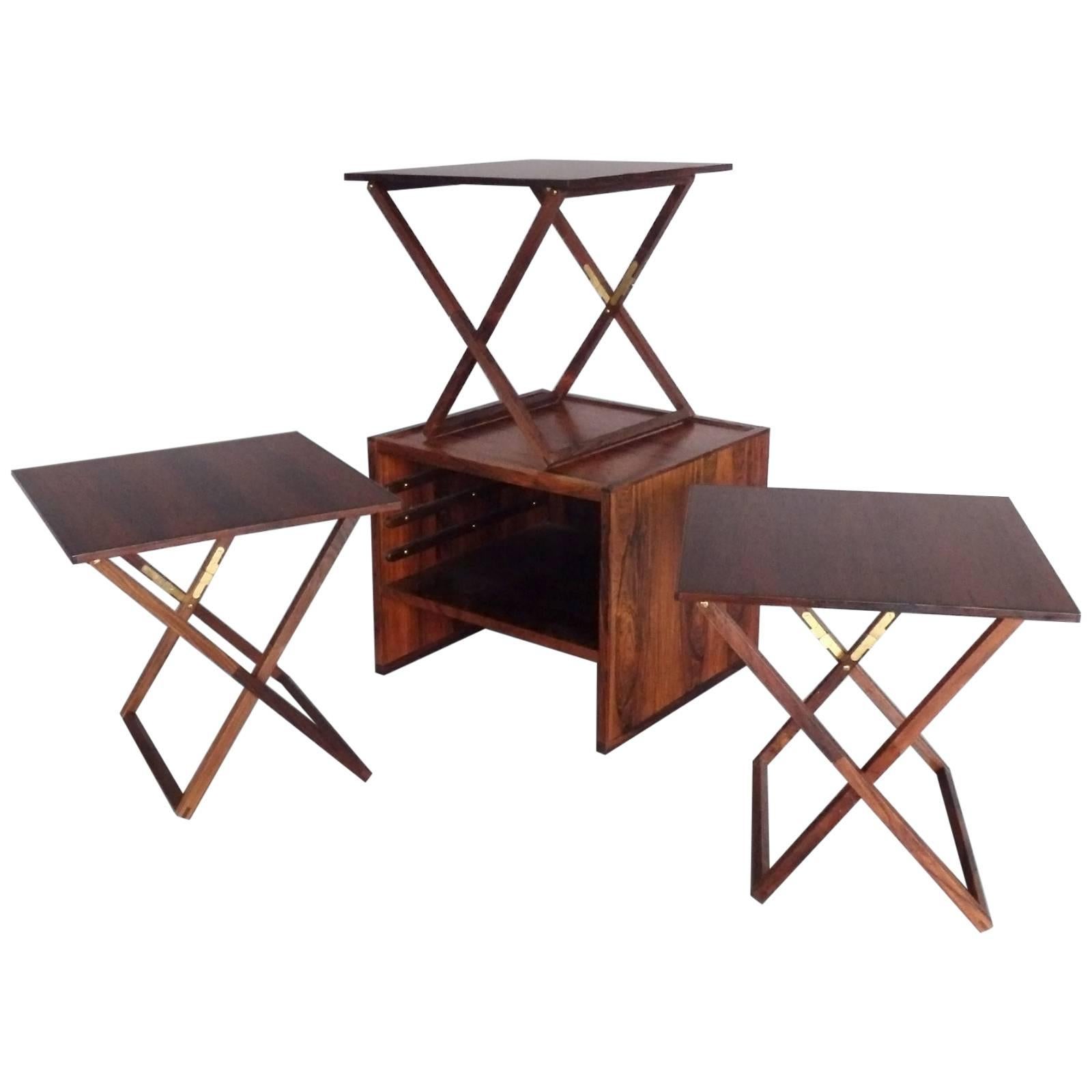 Nicely Styled Finely Crafted Nest of Rosewood Campaign Style Tables For Sale