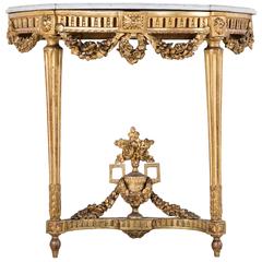 Antique Fine 18th Century Period Louis XVI Giltwood Console with Garland, White Marble