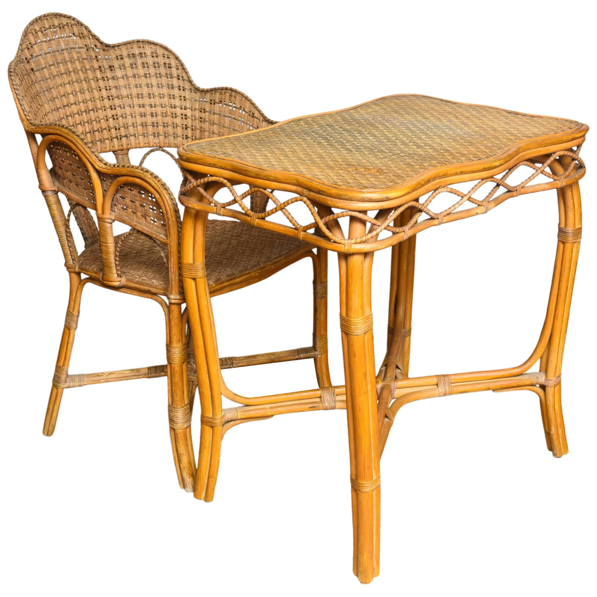 Set of Very Unusual French Vintage Rattan Table and Chair
