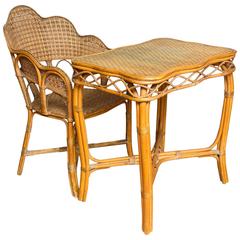 Set of Very Unusual French Vintage Rattan Table and Chair