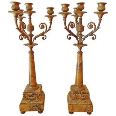 Pair of Siena Marble and Bronze Candelabras