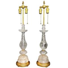 Pair of Elegant Louis XVI Gilt and Carved Rock Crystal Transitional Lamp