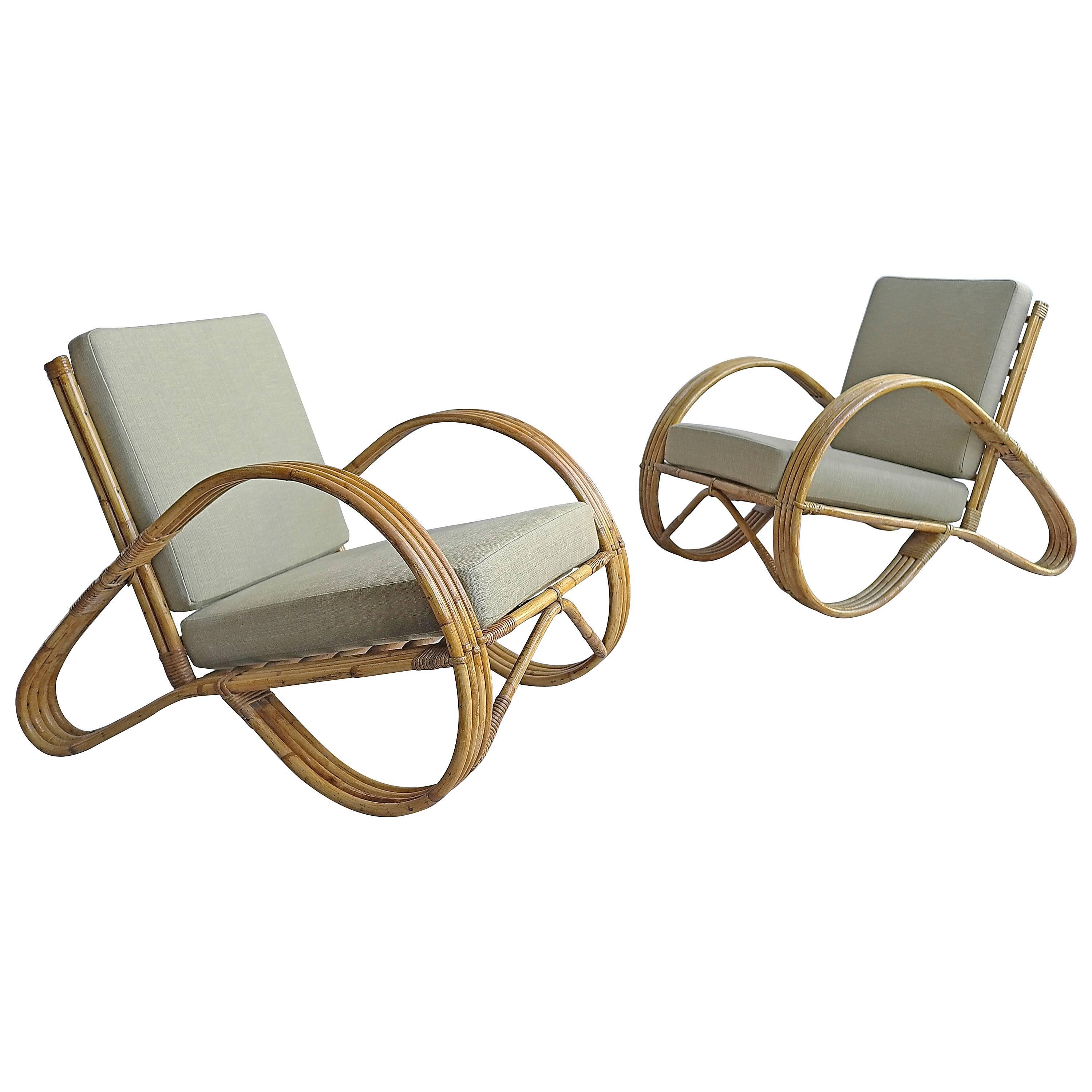 Pair of Sculptural Bamboo Armchairs with Green Fabric, 1950s