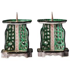 Antique Pair of Chinese Enamel on Biscuit Porcelain Candlesticks