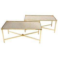 Pair of Gilt Brass Coffee Tables with Oxidized Mirror Tops, circa 1970