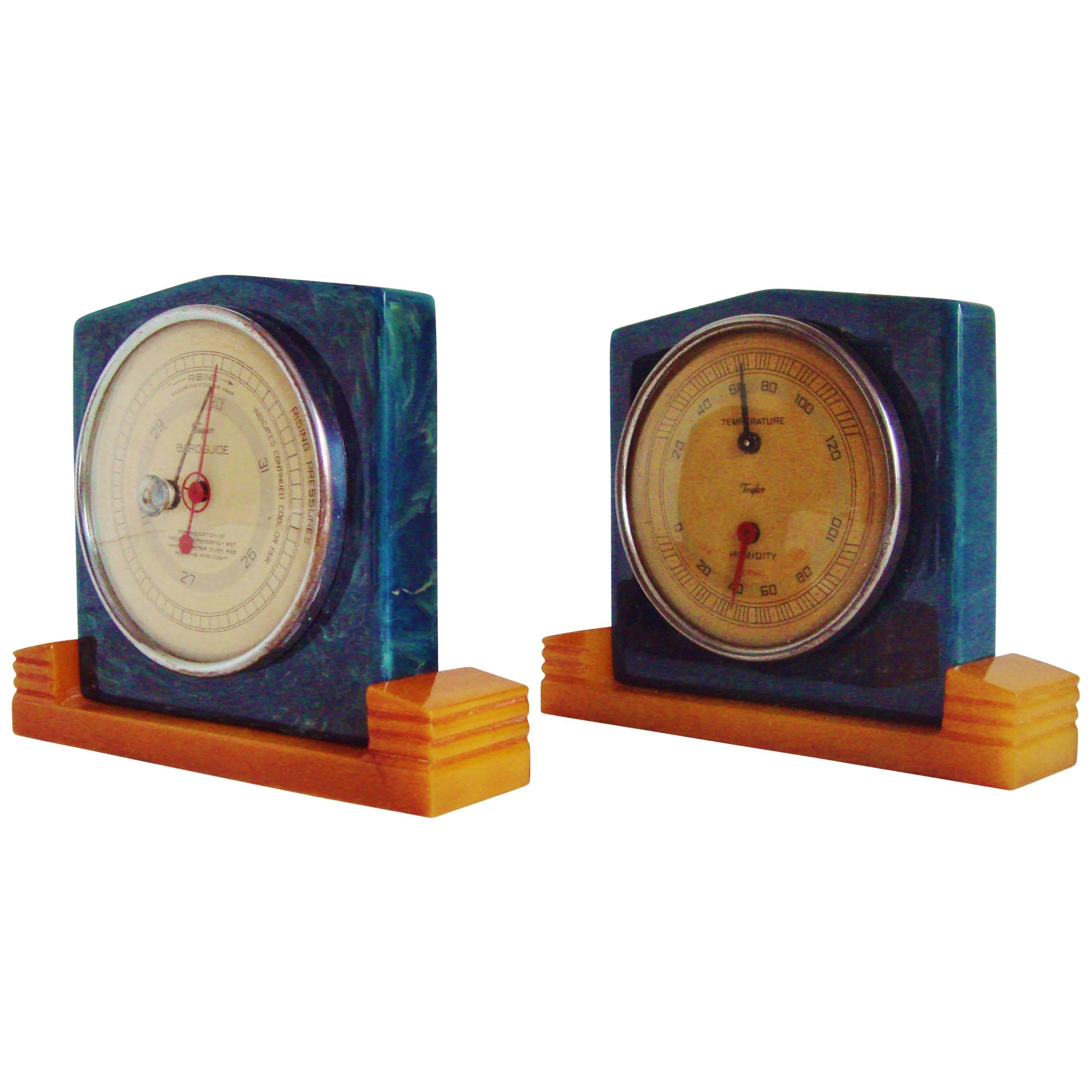Rare American Art Deco Two-Tone Bakelite Desk Barometer and Hygrometer by Taylor