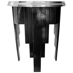 English Art Deco Black Painted Wood, Chrome & Mirror Reverse Ziggurat Wine Table