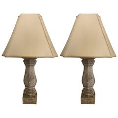 Pair Creamy Weathered Baluster Stone Lamps