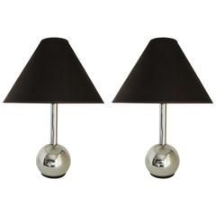 Pair of Mid-Century Modern Chrome Sphere and Post Table or Console Lamps