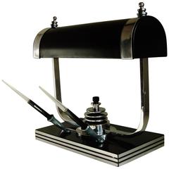 American Art Deco Black Enamel, Bakelite & Chrome Twin Pen Desk Lamp by Markel.