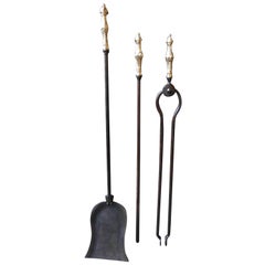 19th Century Wrought Iron and Brass Fireplace Tool Set, Fire Tools