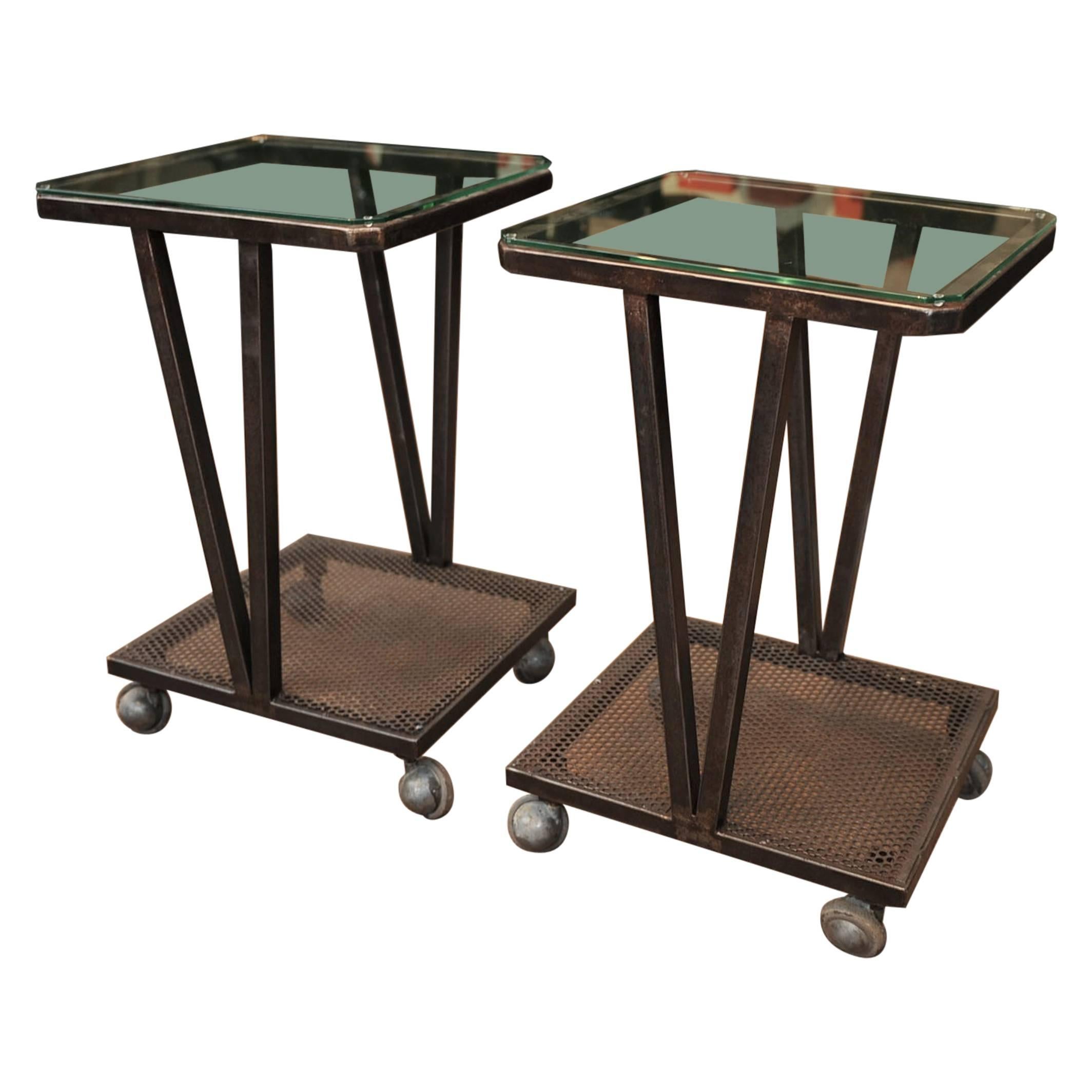 Pair of French Industrial Iron and Glass Sides Tables on Wheels