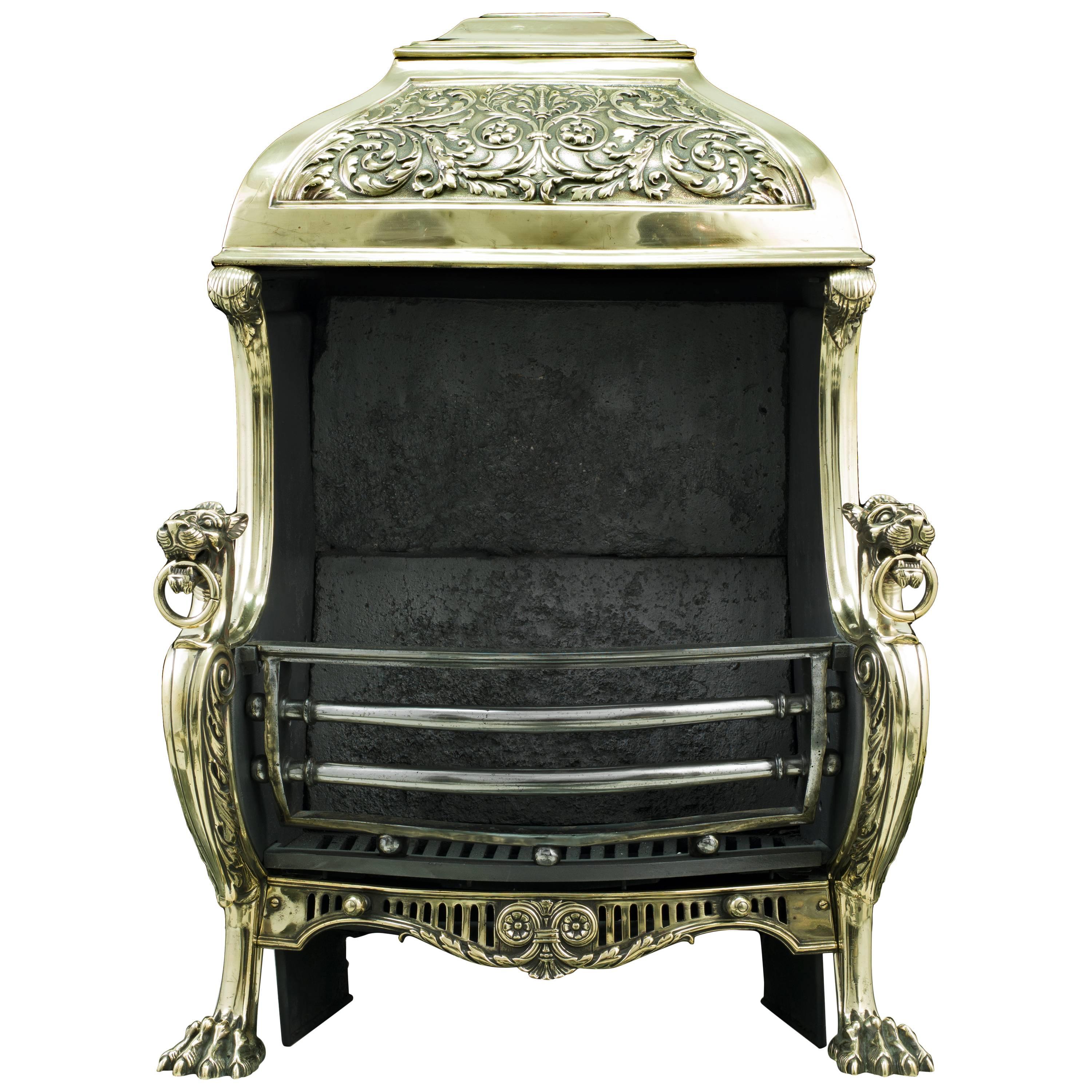 19th Century Renaissance Style Brass Hooded Antique Fireplace Grate For Sale