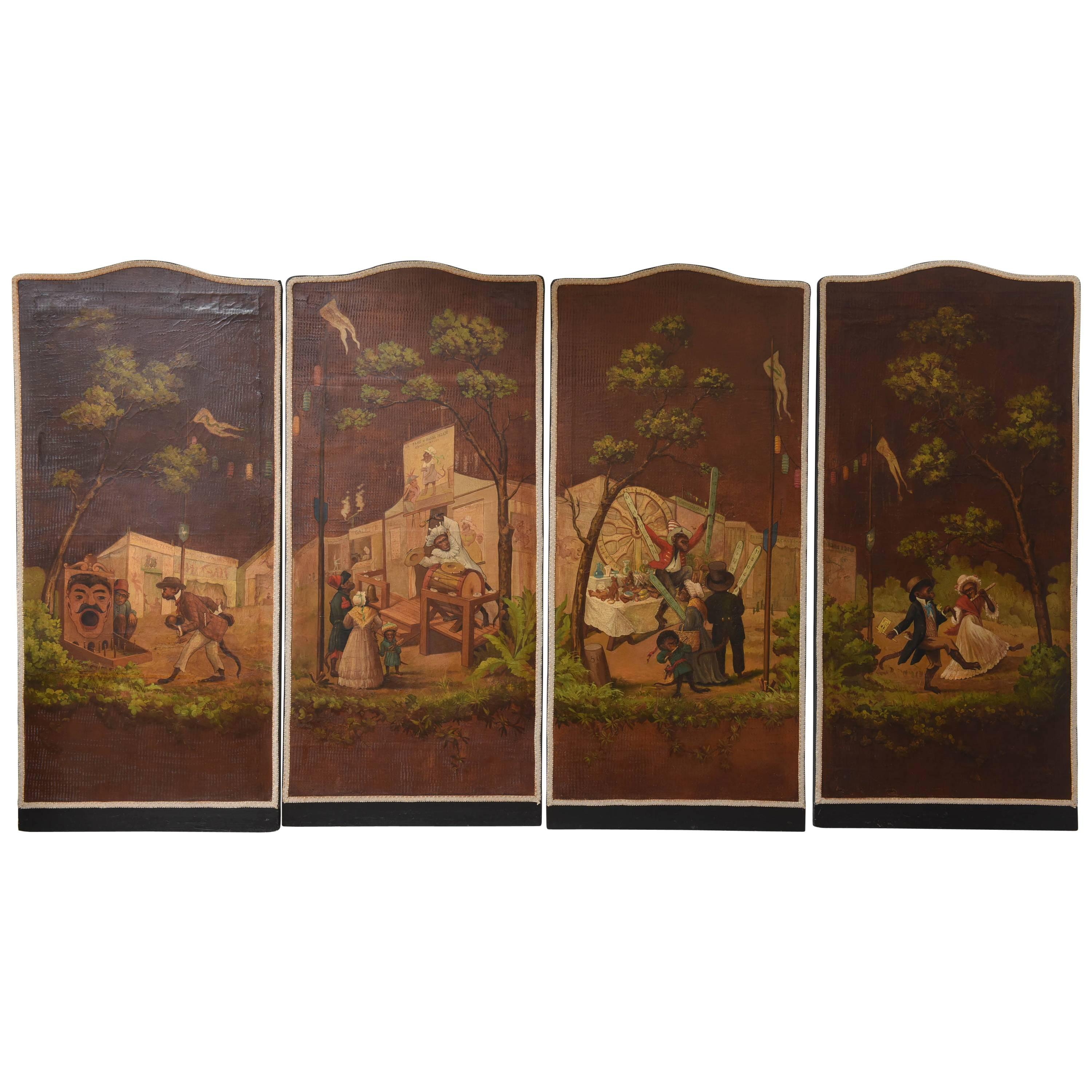 Set of  Painted Leather Panels with Whimsical Monkey Motif