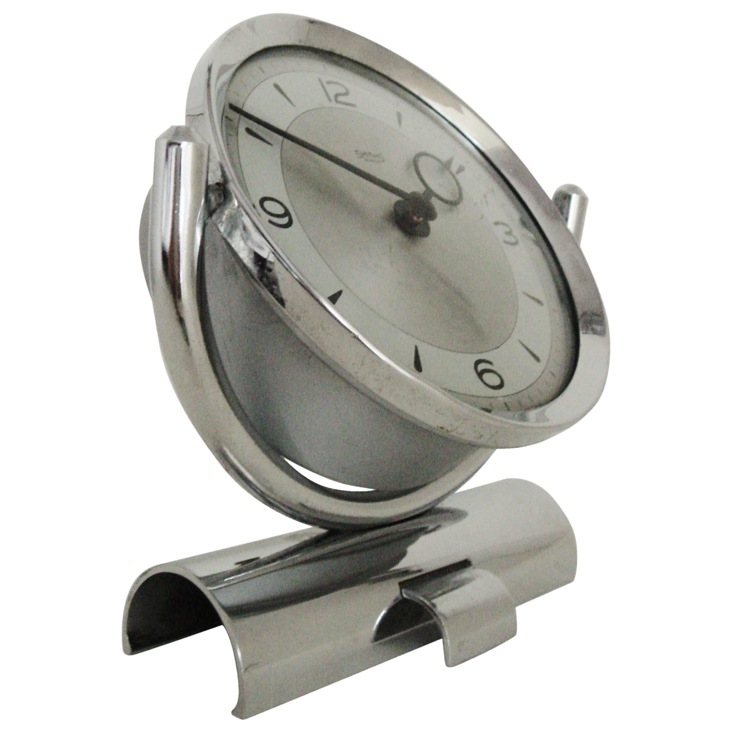 English Mid-Century Modern Chrome Mechanical 30-Hour Smiths Tilting Desk Clock  
