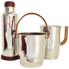 Three American Art Deco Chrome and Walnut Cocktail Accessories by Manning Bowman
