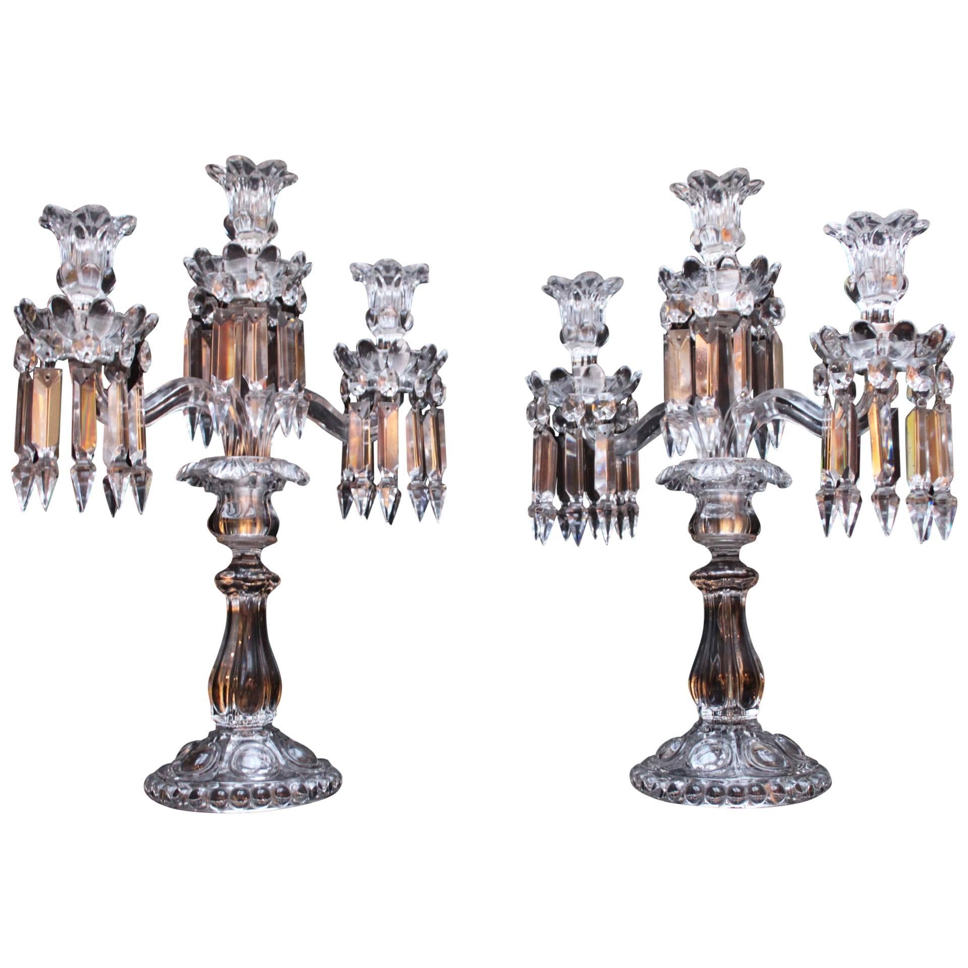 Pair of Three-Lights Chandelier or Candlestick, Baccarat, 1950 For Sale