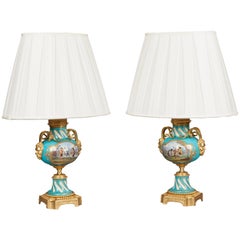Pair of French Gilt and Blue 'Sevres' Porcelain Lamps