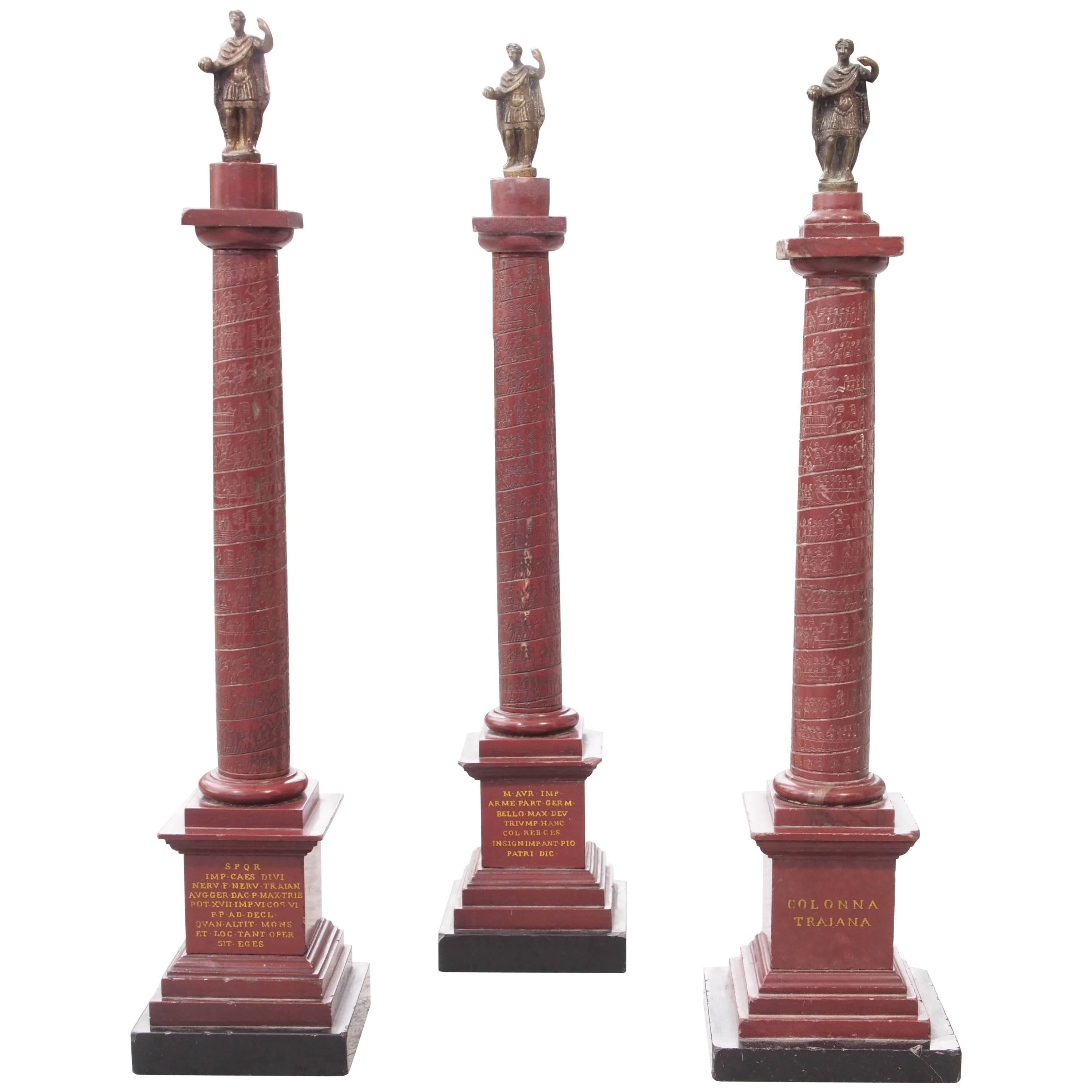 Three Rouge Marble and Bronze Tajan Column Grand Tour Souvenirs For Sale