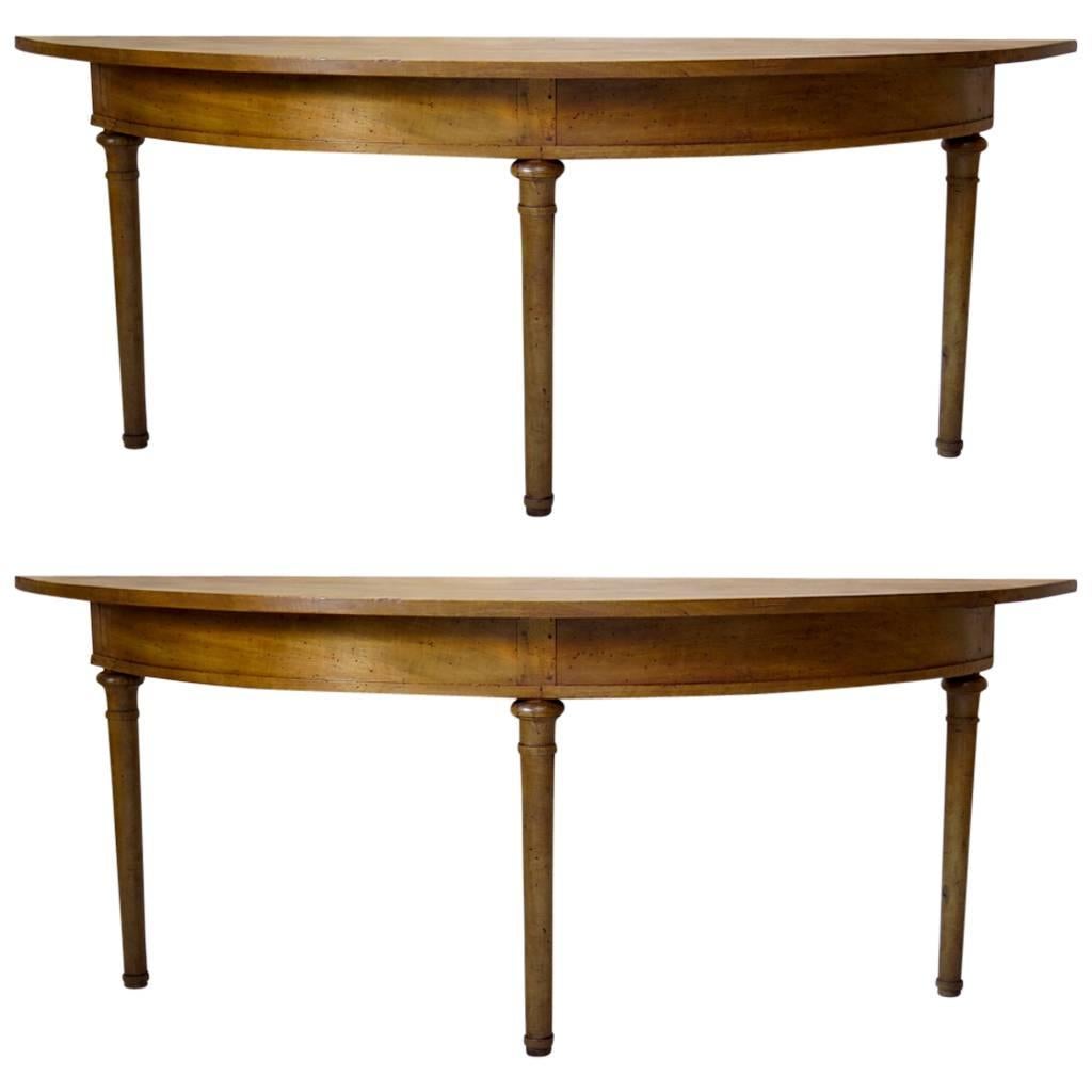 Unusual Pair of Very Elongated Demilune Console Tables, France, circa 1850s