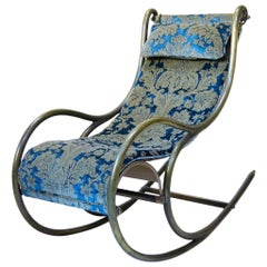 Antique Chunky Brass Rocking Chair with Damask Velvet Upholstery, France, 1900s