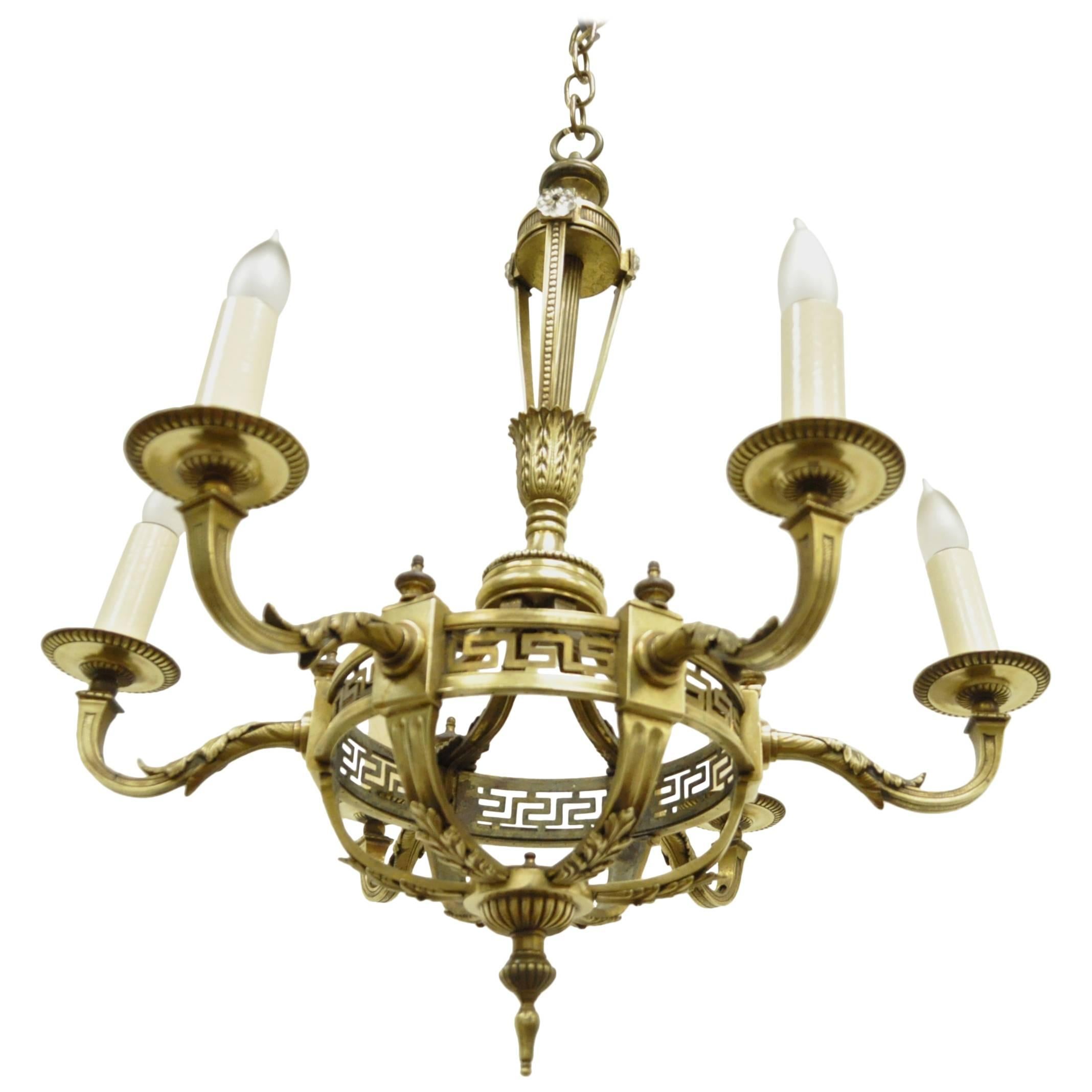 Early 20th Century French Neoclassical Style Bronze Greek Key Chandelier For Sale