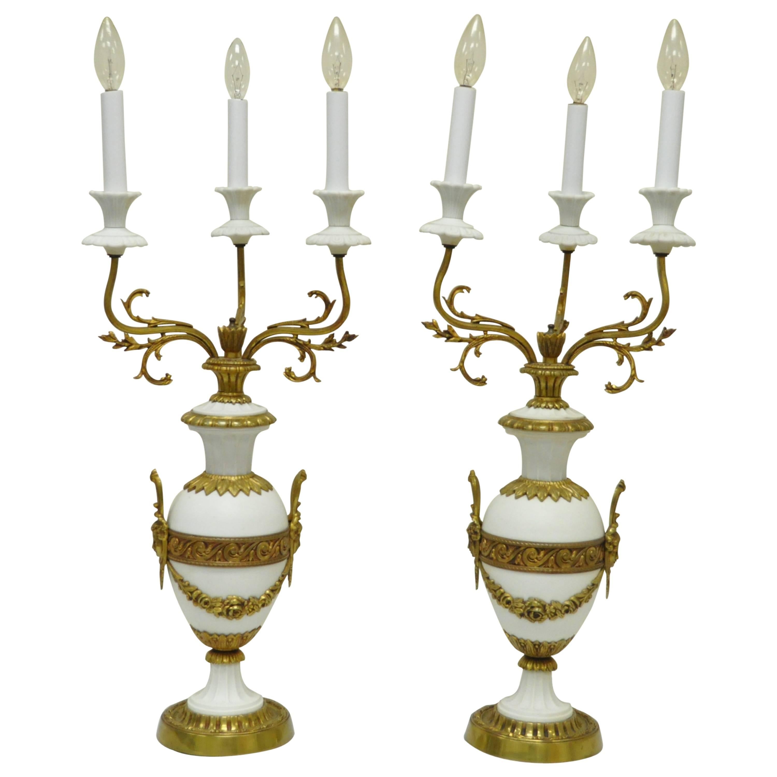 Pair of French Louis XV / XVI Style Bronze and Porcelain Candelabra Table Lamps For Sale