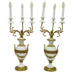 Pair of French Louis XV / XVI Style Bronze and Porcelain Candelabra Table Lamps