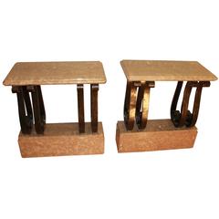 Pair of Art Deco Wrought Iron and Marble Console Tables, 1930s