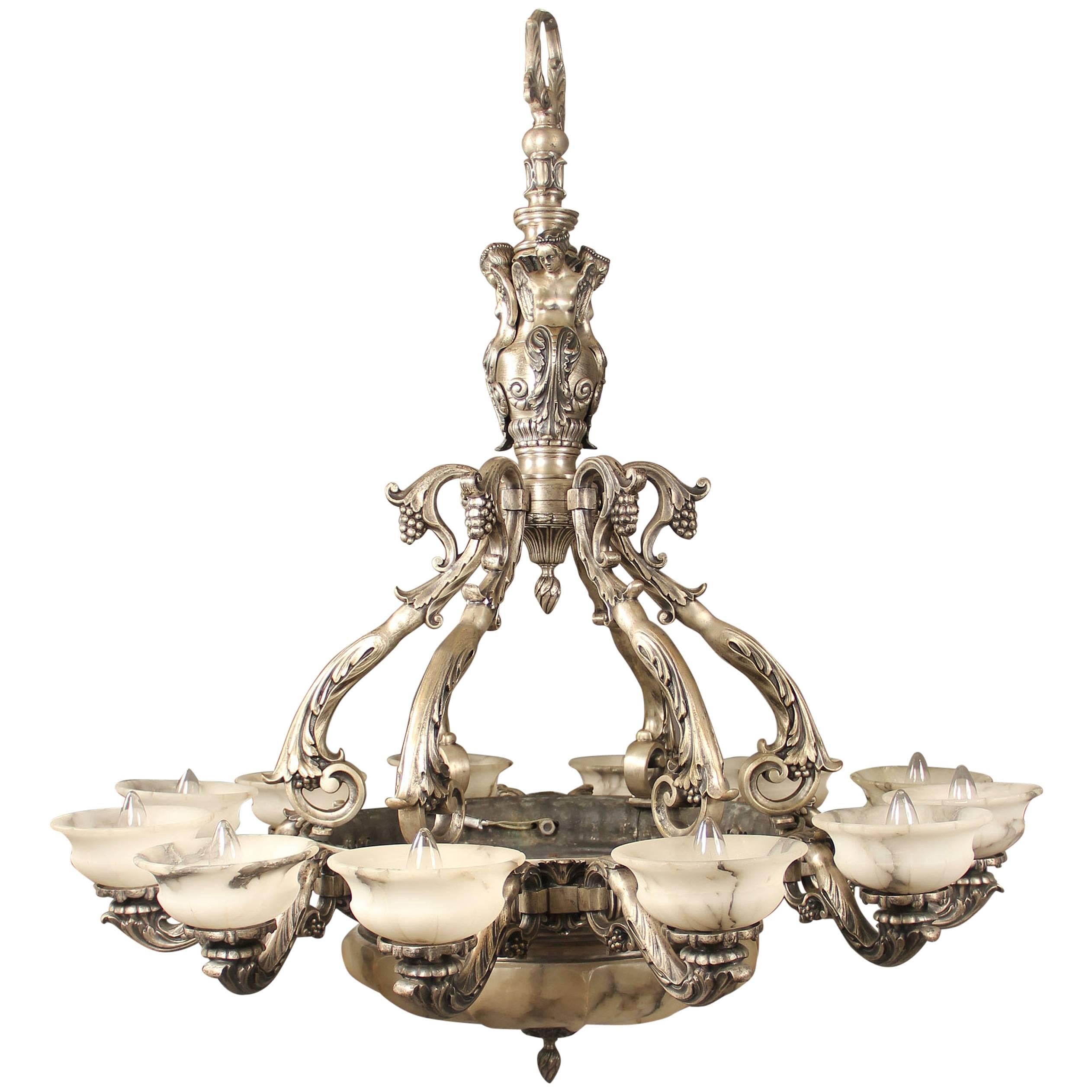 Late 19th Century Silvered Bronze and Alabaster Sixteen-Light Chandelier