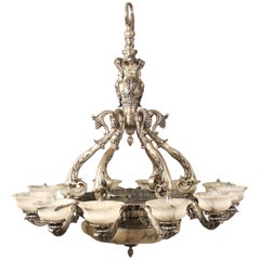 Antique Late 19th Century Silvered Bronze and Alabaster Sixteen-Light Chandelier